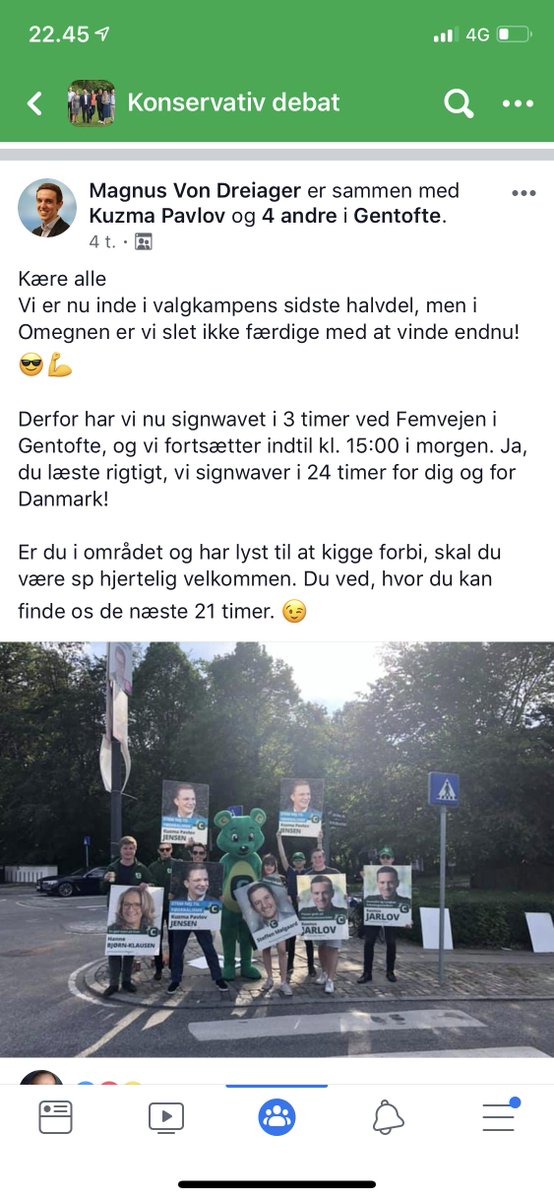 Scheelsbeck's tweet image. Vennerne fra @KU_DK har allerede netop nu stået der i syv timer, og i morgen tidlig joiner jeg dem på Femvejen i Charlottenlund fra 07.00 til 08.00 i Danmarks første 24 timers-signwaving 💪🏻💚🇩🇰 #fv19 #dkpol