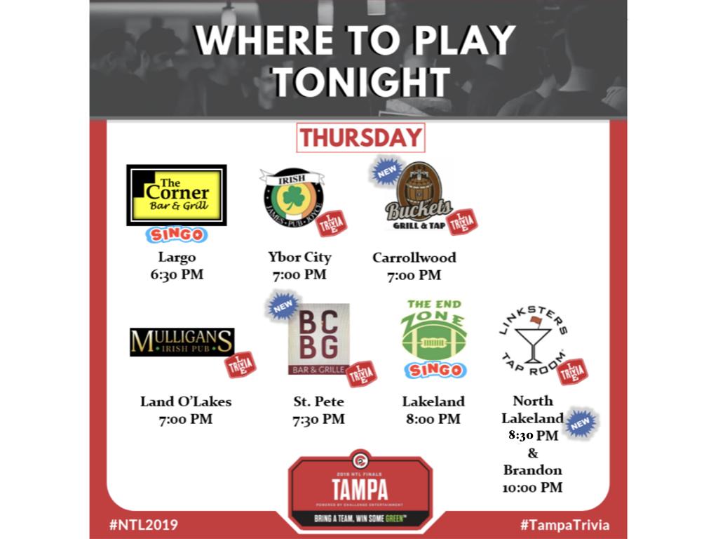 CETampa's tweet photo. WHERE TO PLAY tonight! #LiveTrivia and #Singo

#NTL2019
#YearRoundTrivia and #Games
#ChallengeEntertainment #TampaTrivia https://t.co/OfhY31f4pS