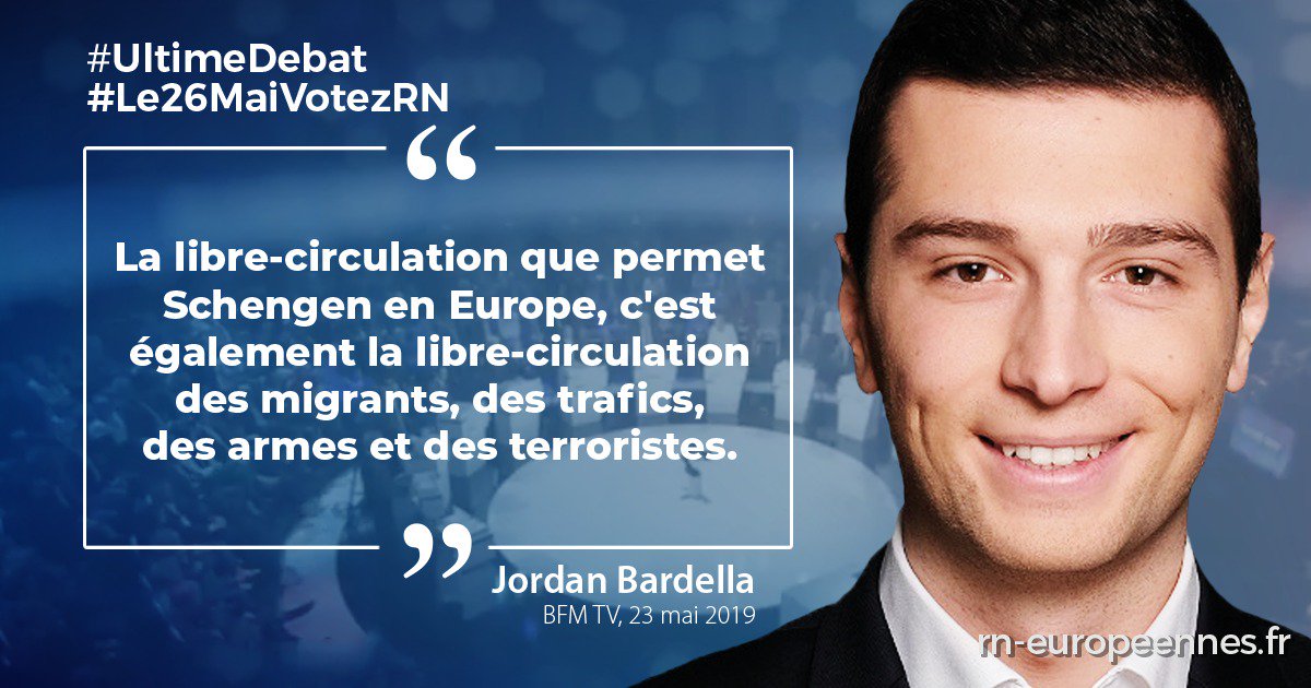 Schengen est une passoire qui transforme l'Europe en terrain de jeu pour clandestins, trafiquants et terroristes.

Les frontières sont des filtres vitaux pour les Nations : il faut retrouver nos frontières nationales !

#UltimeDébat
#Le26MaiVotezRN