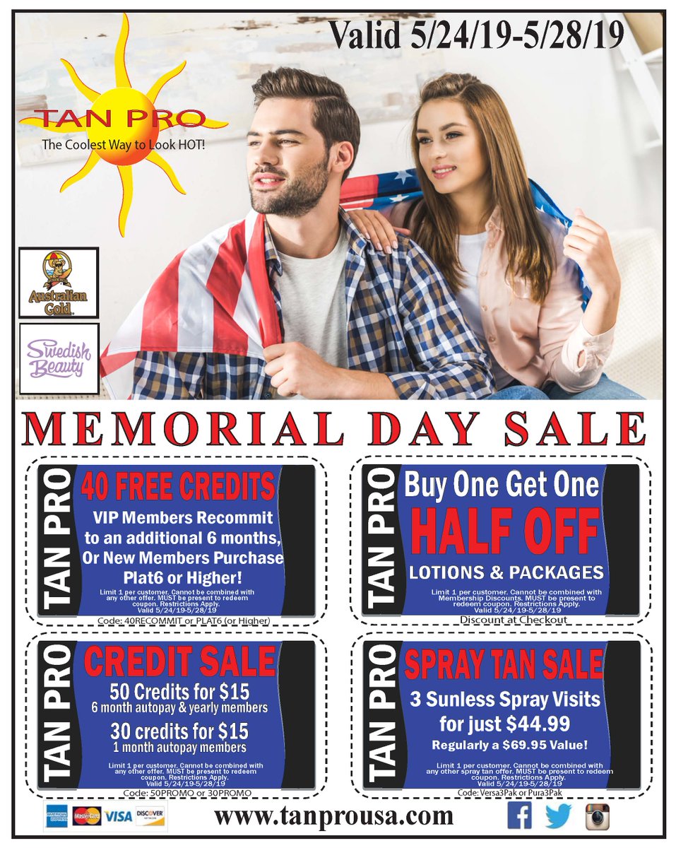 TanProUSA's tweet photo. Tan Pro's Memorial Day Sale starts tomorrow, FRIDAY, May 24th and will end TUESDAY, May 28th! Stop in to get packages and lotions BOGO 50% off, 3 Spray Tans for just $44.99, and credits for our members! Have a safe and happy Memorial Day!
#tanpro #tanprousa #tanning #tanningsalon https://t.co/v00RrdLkoU