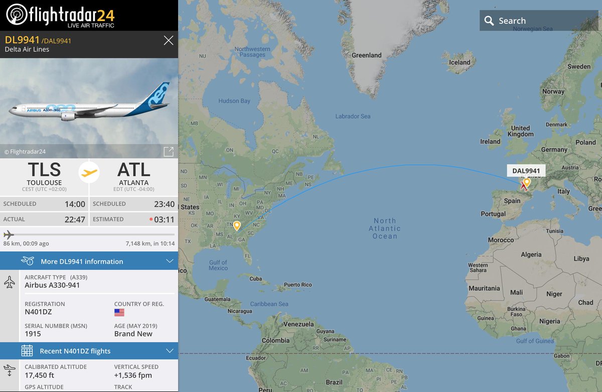 flightradar24's tweet photo. Just days after taking delivery of the 12,000th @Airbus (an A220), @Delta is bringing home its 1st #A330neo from Toulouse. https://t.co/FzI7zDOApX https://t.co/wmUgNMAgJr