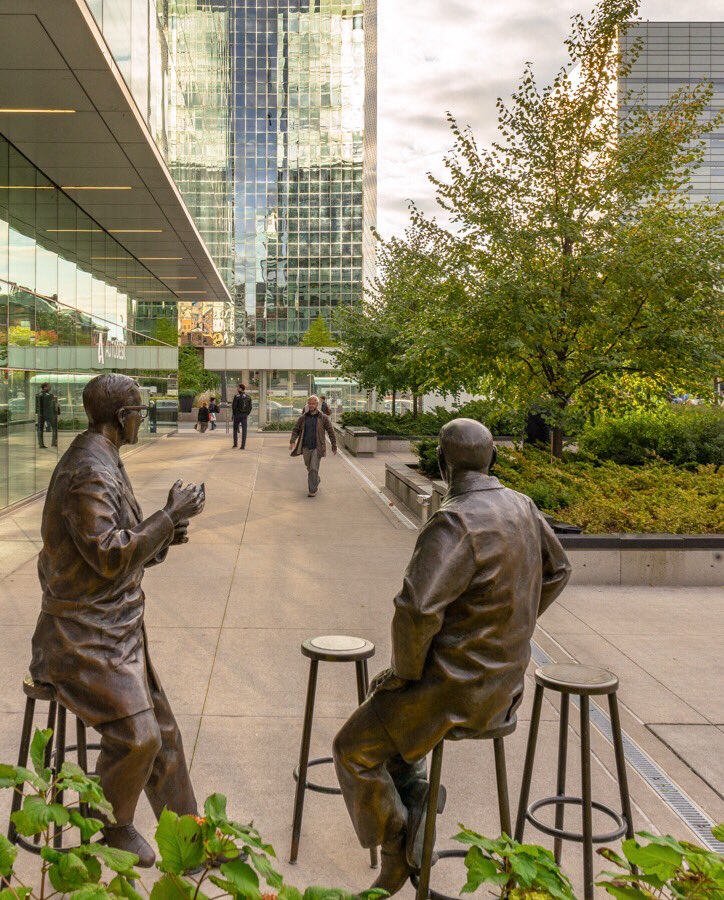 QDADesignTO's tweet photo. Attending @Doors_OpenTO?
If you are at @MaRSDD, take note of the sculpture at the College St. entrance. The bronze sculpture of James Till PhD &amp; Ernest McCulloch MD, the Fathers of Stem Cell Science, by @RuthAbernethy, were sited as part of our MaRS Phase 2 project. https://t.co/xwRBDJ40L6