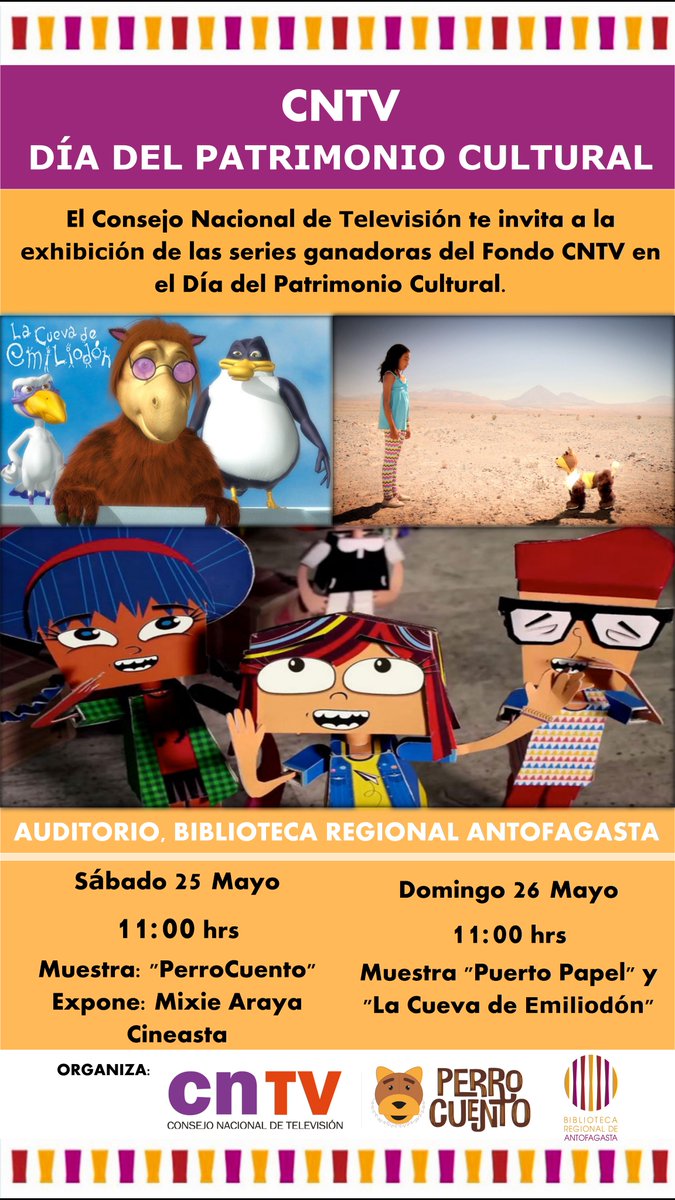CNTVChile's tweet photo. Atentos con esta programación preparada para el #DíaDelPatrimonio Cultural en #Antofagasta @CNTVChile 📣 https://t.co/Ums46nNIn1