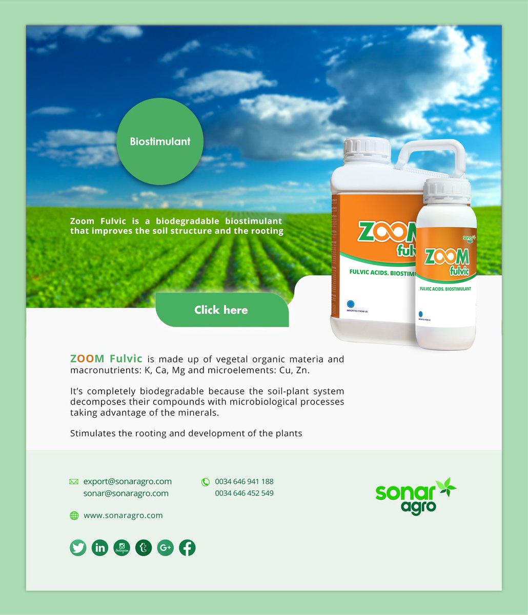 Zoom Fulvic is a biodegradable biostimulant that improves the soil structure and stimulates the rooting and development of plants.

sonaragro.com/en_biostimulan…