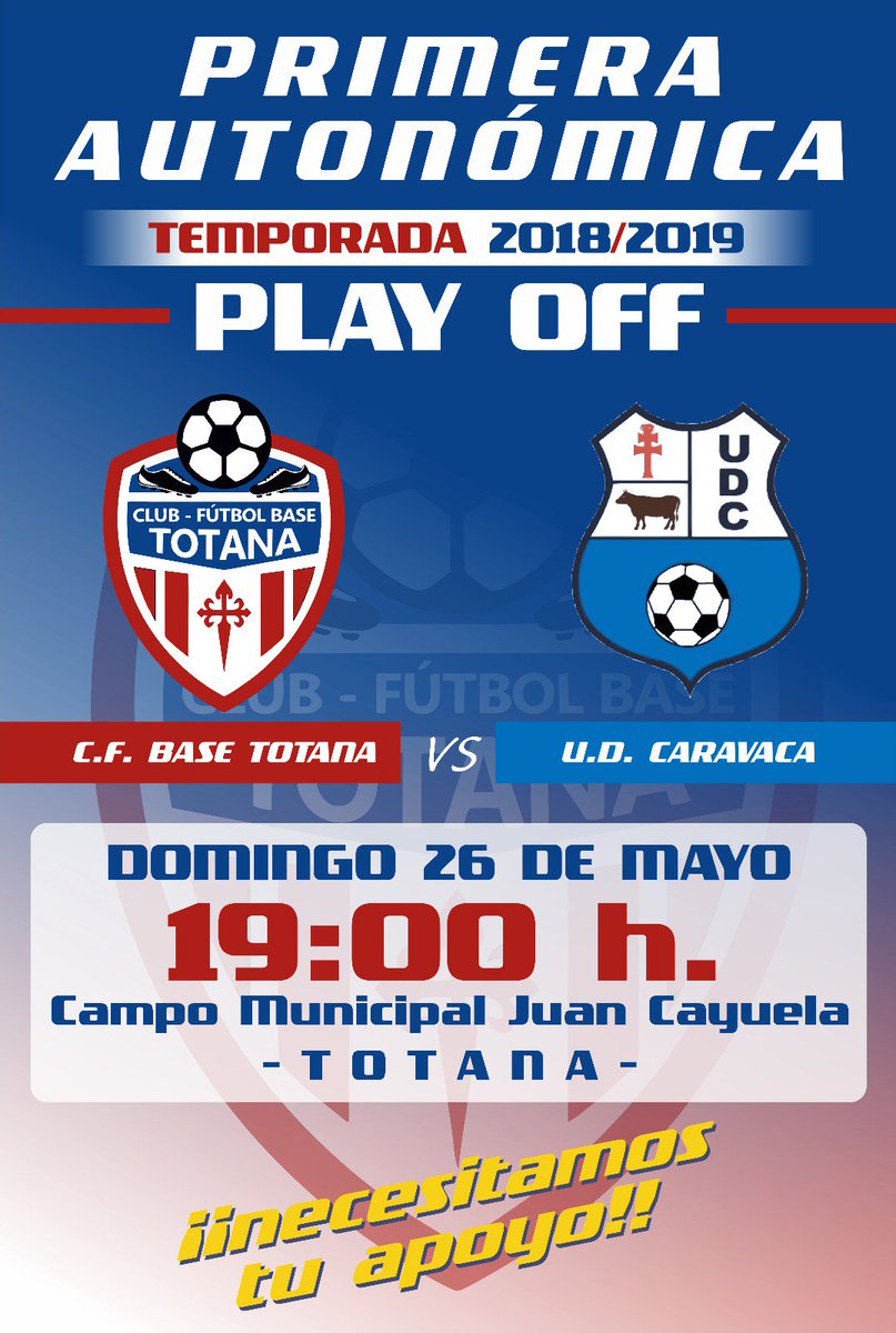 💥 PRIMERA AUTONÓMICA | PLAY OFF VUELTA 
¡NOSOTROS CREEMOS EN LA REMONTADA! 💪💪 ¡JUNTOS ES MÁS FÁCIL! ¡TE ESPERAMOS! 👏

📆 Domingo 26
🕢 19:00
🆚  <a href="/UDCaravaca/">U.D. Caravaca</a>
🏟️ Municipal Juan Cayuela
<a href="/treceraG13/">Trecera.com ⚽️</a>
⏺️Entrada Colaborativa: 3€

#ClubFBTotana #SeguimosCreciendo