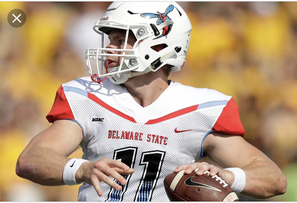 DreQB5's tweet photo. Blessed to receive my 4th offer from Delaware State University🦟💙❤️.     @ryanwpatti @NextLevelQBs @ScoutNickP @HERD_ATHLETICS @LMcKnightQBA @ShawnB_247 @RivalsFriedman @BrianDohn247 @DLoveDE65 @CoachNom https://t.co/rFg69d6c2h