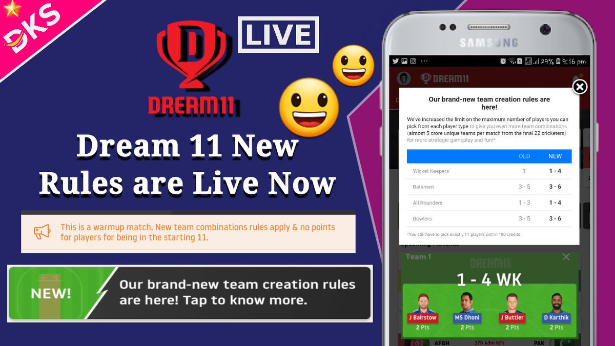 Dksview's tweet photo. 🙋♂️😀 New Dream 11 Rules are Live Now | Dream 11 New Changes for Team Combination | 4WK 6BM 4AR 6Bowl 😃😎
Video Link : https://t.co/bTLY2ZsBTA
🏏 #Dream11 #Dream11Update #Dream11NewChanges #Dream11NewUpdate #Dream11TeamCombination #DksTechUpdate 🙋♂️💥 https://t.co/x5yRDeDekN