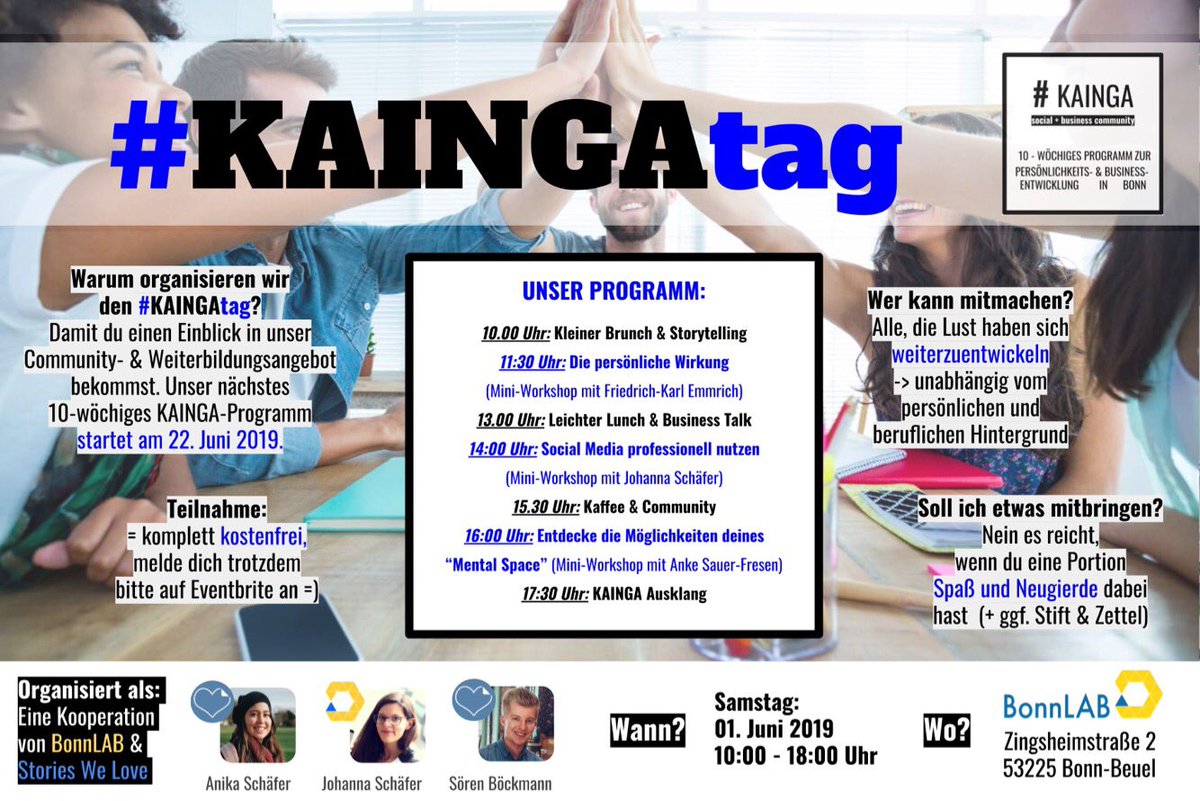 joscchh's tweet photo. Hey 👋 #Bonn
Ihr könnt euch jetzt übrigens für den #KAINGAtag am 01.06. im @BonnLAB anmelden. Euch erwartet einen spannendes (kostenfreies) Programm, um unsere @KAINGAcommunity kennenzulernen. :-)
https://t.co/fmhMpPI1PA #BonnLAB #KAINGA (Achtung nur wenig Plätze) https://t.co/RUBTqFUePe