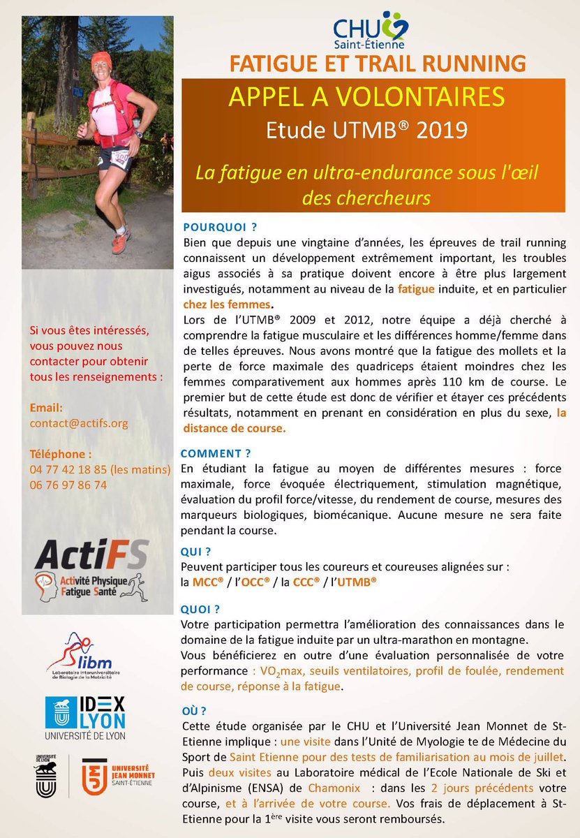 🚨New project of our lab coming soon! Looking for motivated runners to assess fatigue after ultra-endurance running race 🏃🏽‍♀️🏃🏾‍♂️
#libm <a href="/ChuSaintEtienne/">CHU de Saint-Étienne</a> <a href="/chaire_ActiFS/">ActiFS</a> <a href="/UTMBMontBlanc/">HOKA UTMB® Mont-Blanc</a>