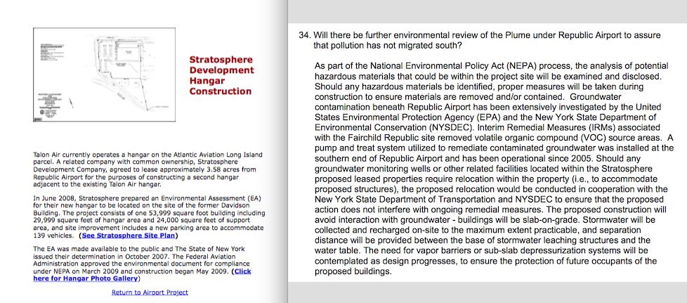 OpenNassau's tweet photo. @ChrisBragg1 In ’08, Talon conducted EA via NEPA (FAA) to develop, lease a Republic hangar to Stratosphere. Fairchild, Grumman once occupied this site = soil, vapor, groundwater study key. Did DOT non-aviation to ESD aeronautic shift #fasttrack NEPA circumvent? 7/17 SEQRA doc woefully sparse. https://t.co/IrxKn5iOK3