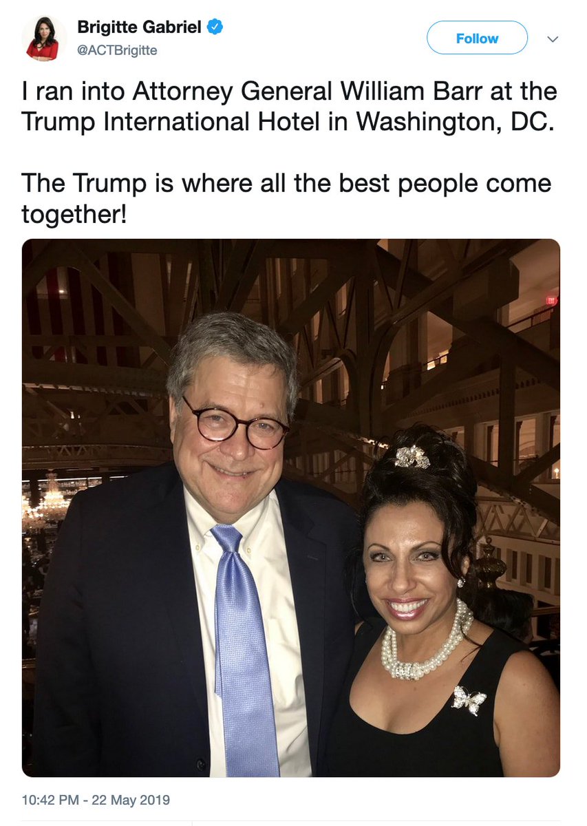 Last night AG William Barr dined at the Trump Hotel D.C.He’s the third Justice Department boss under Trump seen there.He also posed for photo with the founder of a group the SPLC listed as “an anti-Muslim hate group.” 2/Via  @1100Penn  https://zacheverson.substack.com/p/william-barr-dined