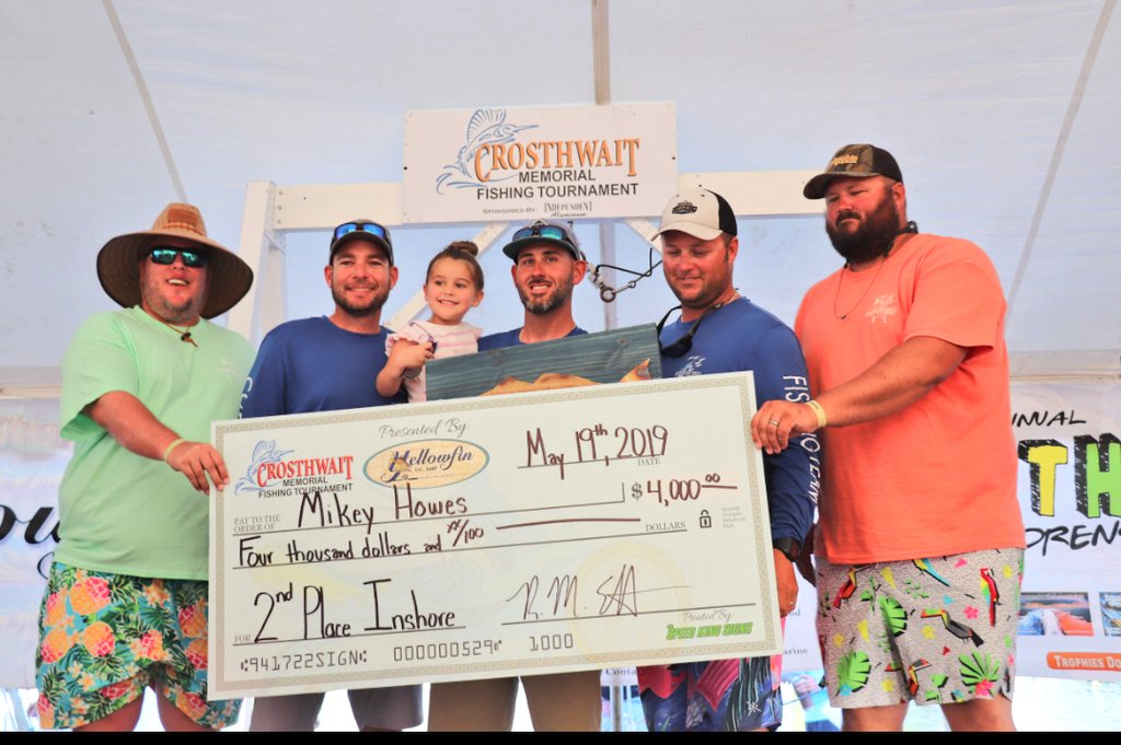 FishCrosthwait's tweet photo. 2nd place inshore winners of $4,000 was captain Mikey Howes with team @SwordfishGrill_  Rats On Da Cheese! Congratulations! 
#CrosthwaitMemorialFishingTournament https://t.co/BM8QGUb2YM