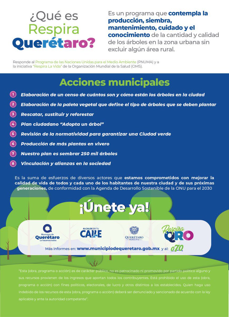 qromunicipio's tweet photo. Con el fin de sumar esfuerzos entre la ciudadanía y el gobierno para llevar a cabo la siembra, cuidado y conocimiento de la cantidad y calidad de árboles, lanzamos
 #RespiraQuerétaro. https://t.co/3uT4pFTjhp