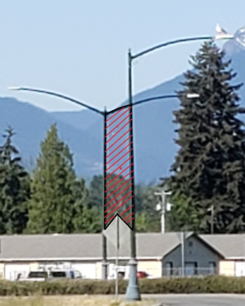BrianXymor's tweet photo. @waszel #pcm163 Calculus can help me find the shaded area here, below the light post, bounded by the other light post, and the diamond sign below. https://t.co/9ZpcjMu4Un