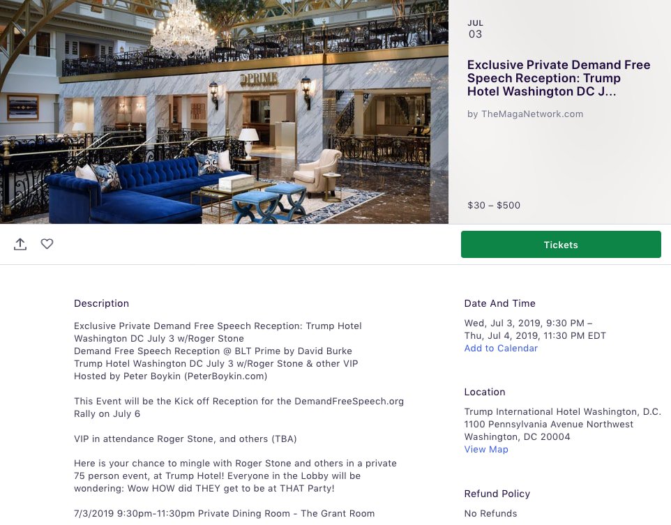 Roger Stone reportedly will headline a “free speech reception" at the Trump Hotel D.C. on July 3It marks at least the second time the U.S. president will be able to profit off an appearance there from his indicted former advisor. 3/Via  @1100Penn  https://zacheverson.substack.com/p/william-barr-dined