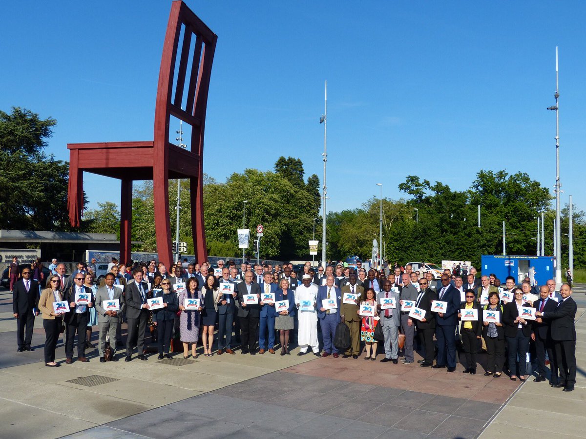 EU_UNGeneva's tweet photo. The Anti-Personnel Mine Ban Convention entered into force 20 yrs ago. Today, Member States &amp; partners, including the #EU, gathered in front of the iconic Broken Chair in Geneva to mark this event! Happy birthday @MineBanTreaty https://t.co/Ssqs6HYmTX