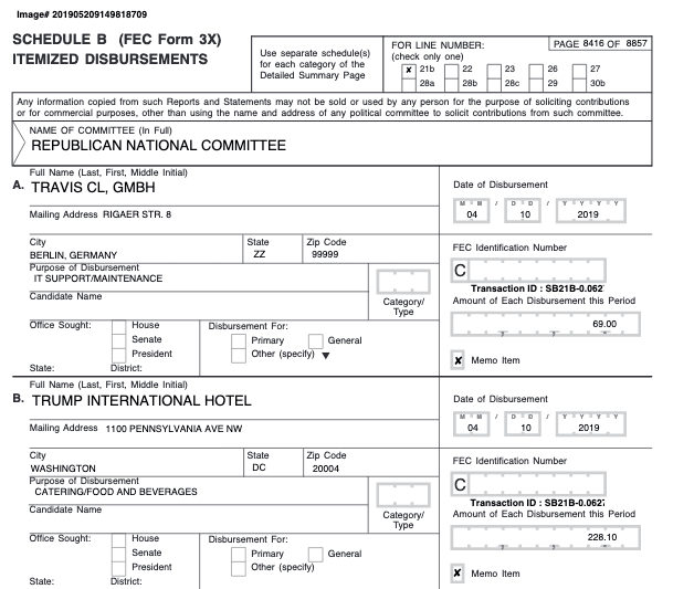 The Republican National Committee spent another $5,769.20 at the Trump Hotel D.C. in April 2019. It’s now spent more than $410,000 at the D.C. hotel owned by the head of the party. 4/Via  @1100Penn  https://zacheverson.substack.com/p/william-barr-dined