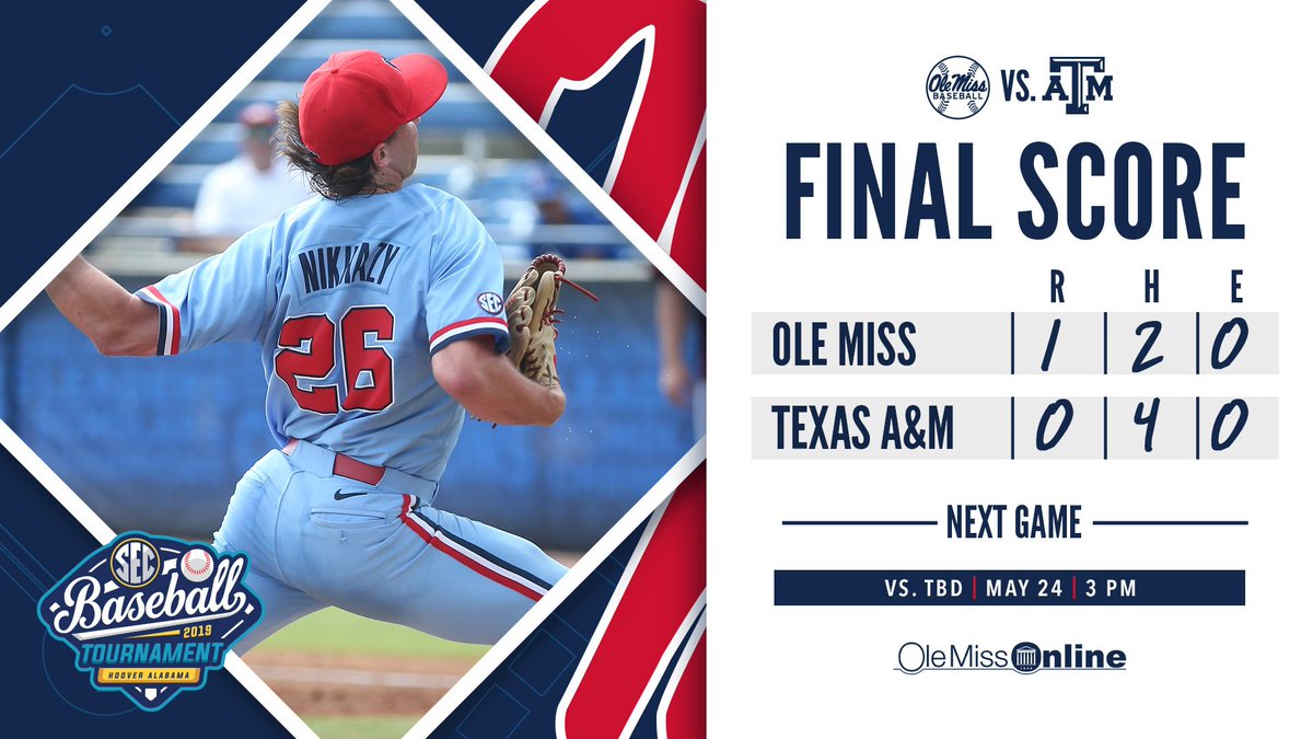OleMissBSB's tweet photo. FINAL | @Dougnikhazy throws eight innings of three-hit ball and @Parkercaracci closes it out! The Rebels are moving on with a shutout victory over Texas A&amp;M!

#HottyToddy #RebsBSB https://t.co/nzlE8ster5