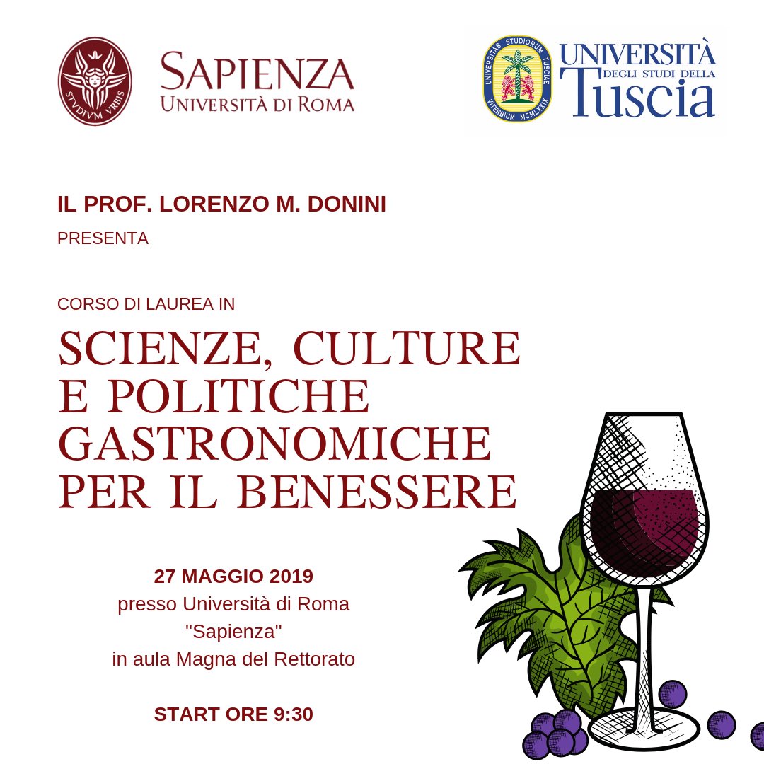 masteraliment's tweet photo. Università Sapienza di Roma e Università degli studi della Tuscia introducono il nuovo corso di laurea in SCIENZE, CULTURE E POLITICHE GASTRONOMICHE PER IL BENESSERE, presentato dal Prof. Lorenzo M. Donini
https://t.co/HUHeAOhmf9 https://t.co/gW787oaylO