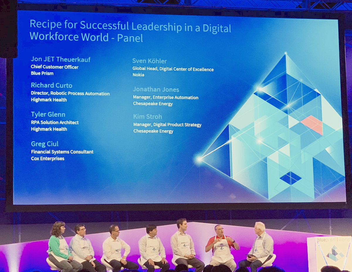 TexasGWittig's tweet photo. Recipe for Successful Leadership in a #DigitalWorkforce World- the panel is in agreement: don’t automate bad processes! #BluePrismWorld @SymphonyVenture https://t.co/G5YIKhfbbe