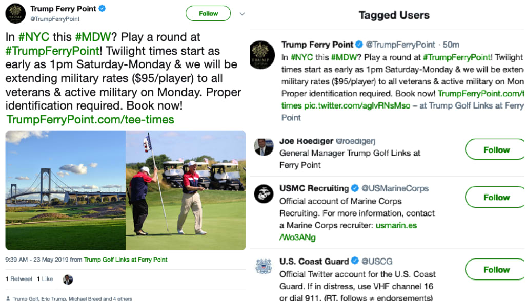 In this tweet, the commander-in-chief’s golf course -marketed itself to U.S. military members and veterans-tagged verified accounts for the Marine Corps and Coast Guard to make sure they knew about the deal5/Via  @1100Penn  https://zacheverson.substack.com/p/william-barr-dined