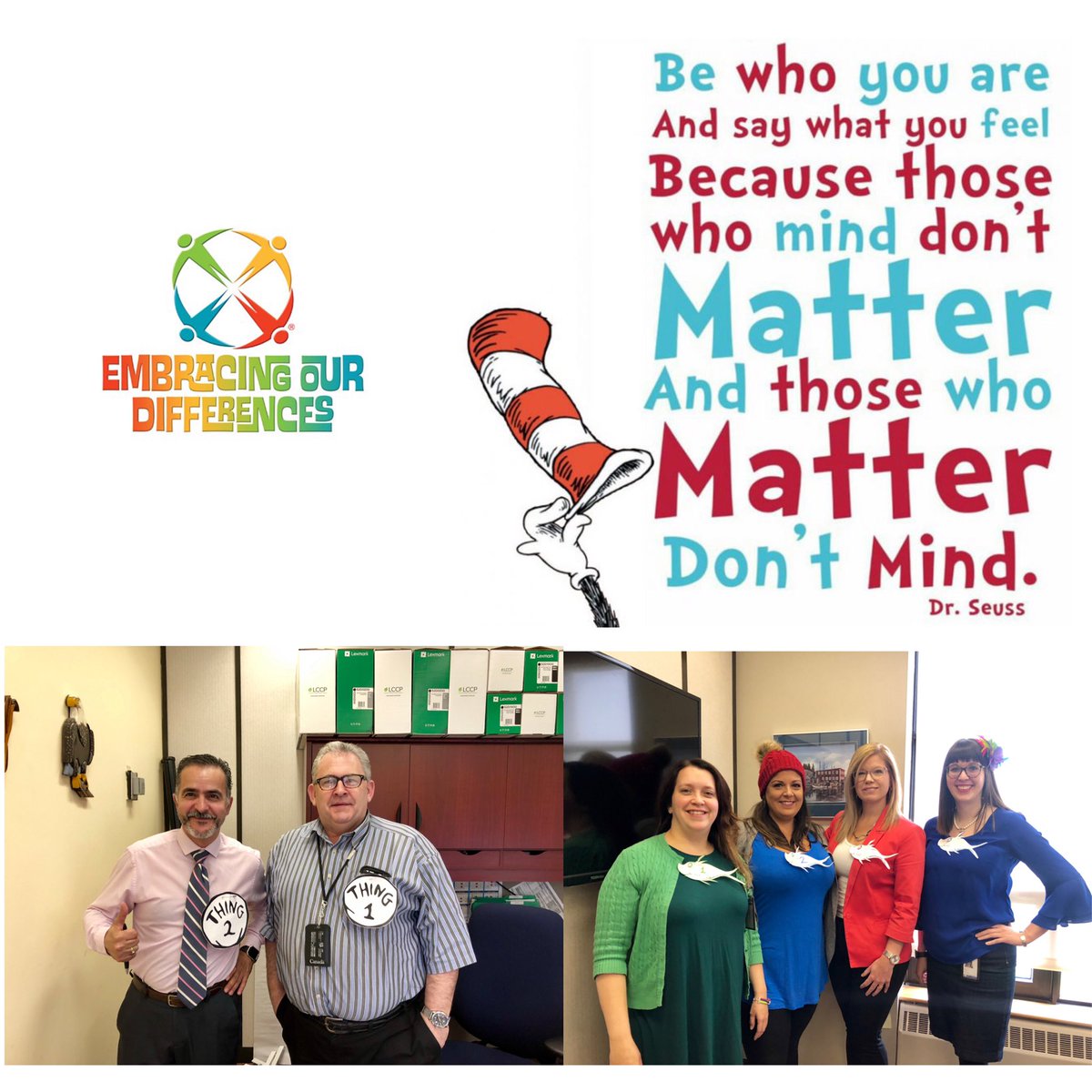 ncobrien's tweet photo. The Validation Division is embracing our differences by having a Dr. Seuss Day! #thingonethingtwo #1fish2fishredfishbluefish @shefferman19 @ellen_thistle @adriennefitz @buffettmelvin1 https://t.co/VsB72lFh2U