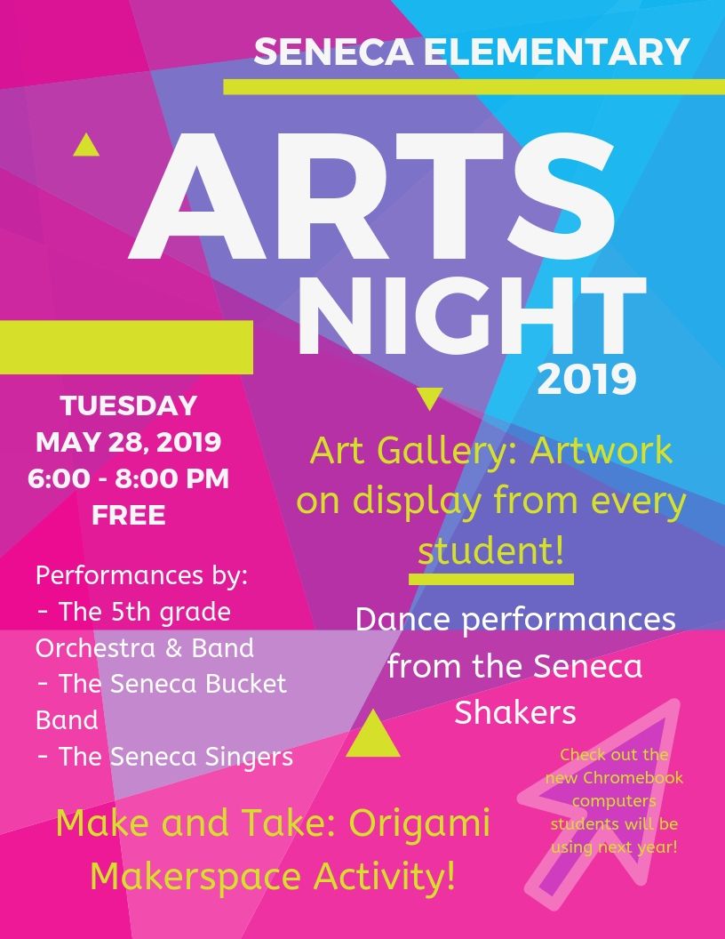 SenecaElemArt's tweet photo. @SenecaElem 's Arts Night is just around the corner! Make sure to stop by on Tuesday night from 6-8pm to check out student artwork, music, dance and bucket band performances! There will also be an origami makerspace!  @SenecaPTA https://t.co/uLRAWHn1jm