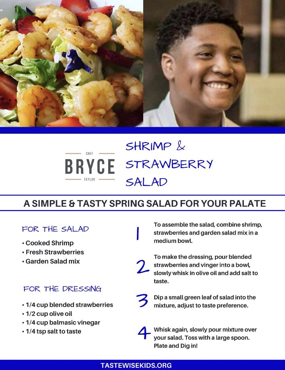 chefbrycetaylor's tweet photo. What says spring better than a Fresh Salad? 🍤🍓🥬
.
.
Thanks @TasteWiseKids for the feature for National Salad Month! 🙌🏾 #tastewisekids
.
.
#shrimp #strawberry #salad #chefbrycetaylor #teenchef #culinary #culinaryprodigy #foodnetwork #foodie #cheflife #ilovecooking #healthyfood https://t.co/WIvDufM6t3