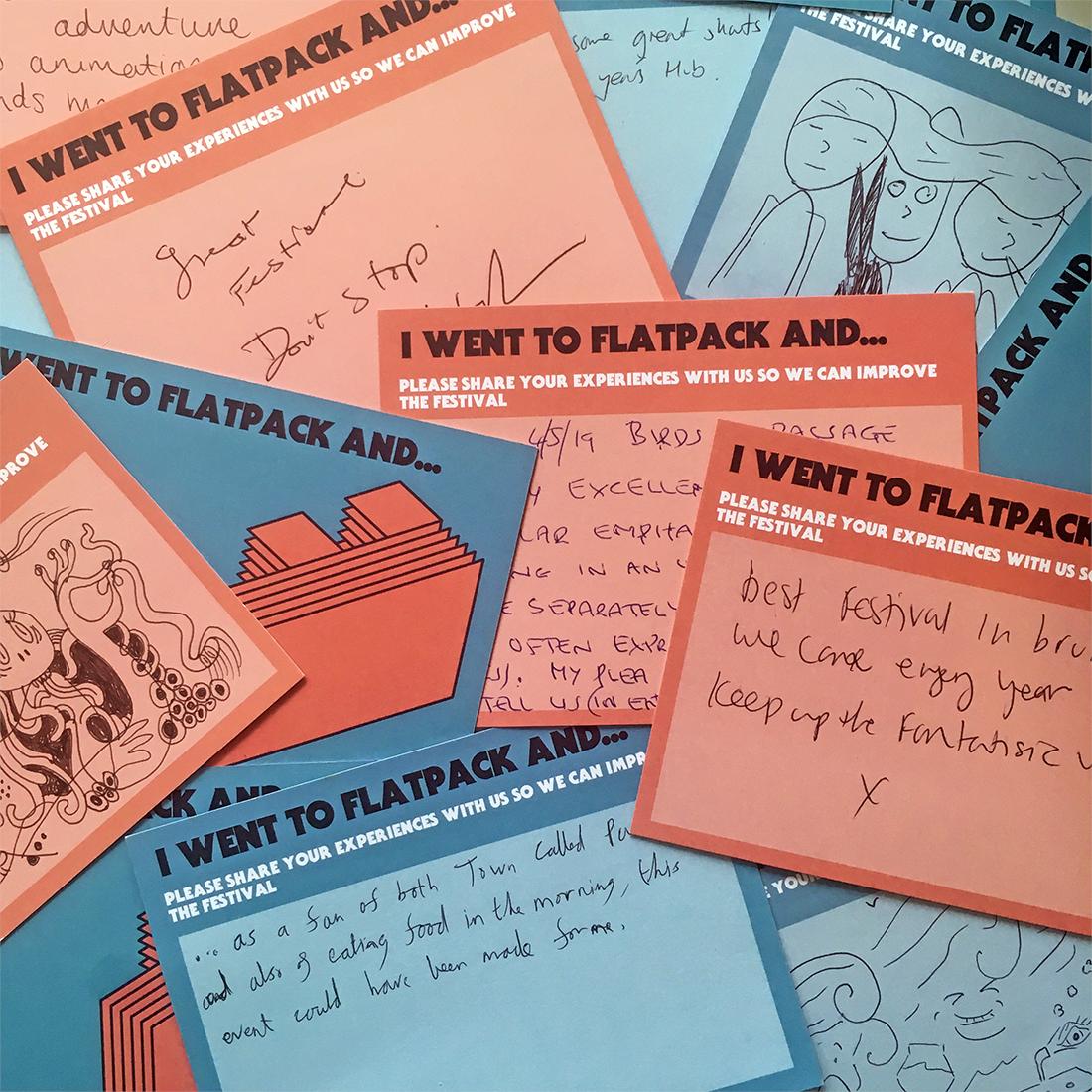 flatpack's tweet photo. Some fab feedback we've had during #Flatpack2019โค๏ธHuge thanks to everyone who left us lovely little messages and suggestions to improve. If you came to this year's fest + didn't get to voice your feedback, please fill out our survey! Put your 2ยข in here: https://t.co/EznDAOMh1u https://t.co/rLZqEzLS7F