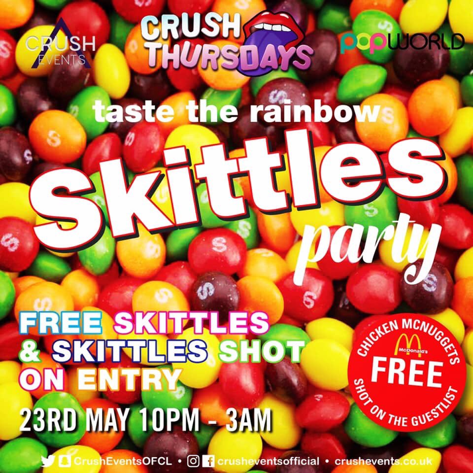 It’s the SKITTLES PARTY 🌈 TONIGHT at Crush Thursday! Who’s coming to taste the rainbow?

✅ TONNES OF SKITTLES
✅ SKITTLES SHOTS ON ENTRY

• Crush Thursdays | Bristols Biggest &amp; Cheapest THURSDAY night out | EACH &amp; EVERY Thursday At Popworld Bristol •

<a href="/PopworldBristol/">Popworld Bristol</a>