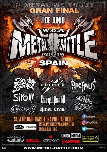 10 días para la final de la W:O:A Metal Battle. bit.ly/2ErgBaU

<a href="/Wacken/">Wacken Open Air</a>
<a href="/WOA/">Wacken Open Air</a>
<a href="/wackenopenair/">Wacken Open Air</a> <a href="/WOAMBspain/">METAL BATTLE SPAIN</a> <a href="/Siroll_metal/">Siroll</a> <a href="/ArcanusOfficial/">Arcanus</a> <a href="/WildKrash/">WILD KRASH</a> <a href="/RiverCrowBand/">River Crow</a> <a href="/Eternalpsycho/">ursula lee</a> <a href="/METAL_KRITTER/">KRITTER</a> <a href="/CainsDinasty/">Cain's Dinasty</a> <a href="/UploadBarcelona/">Upload Barcelona</a>