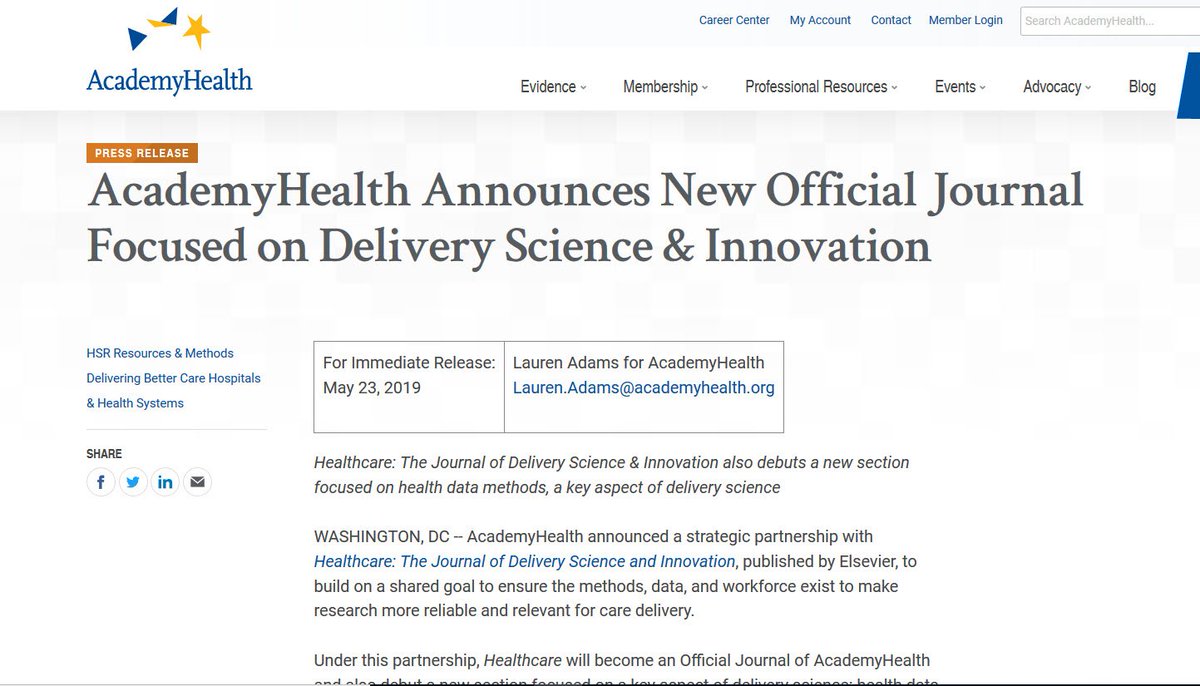 AcademyHealth's tweet photo. We're happy to announce a new partnership with @HC_TheJournal, now one of our official journals! Co-editor @sacjai is a keynote at #ARM19 &amp; the journal is also debuting a new section on Insights in Analyzing #HealthData (great news for #egems folks!) Read: https://t.co/qIs2rtUQup https://t.co/fjRB2ciNj9