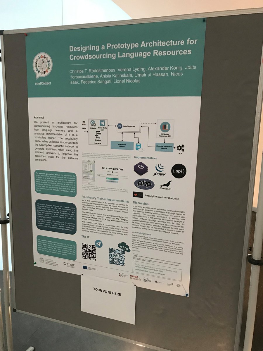 chrodos's tweet photo. I presented our work from #EnetCollect entitled "Designing a Prototype Architecture for Crowdsourcing Language Resources" at #ldk2019leipzig poster session. @enetCollect @COSTprogramme @LDKconference #LanguageLearning #crowdsourcing https://t.co/ndJHnnTESX