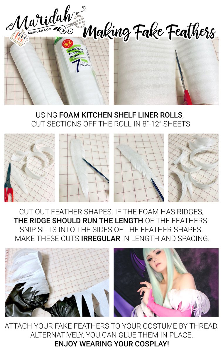 maridahdotcom's tweet image. Here&apos;s a new crafting guide ✂️ How I make fake feathers using $1.50 foam shelf liners! ✂️ I&apos;ve used this method on several costumes- most recently Morrigan 🦇 #cosplaytips