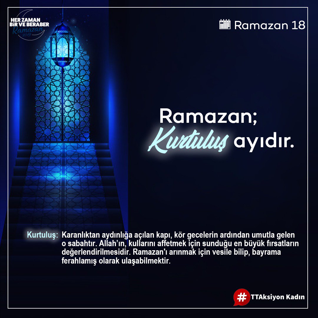 TatsizzTuzsuzz's tweet photo. #Ramazan;"Kurtuluş"ayıdır
Kurtuluş: Karanlıktan aydınlığa açılan kapı, kör gecelerin ardından umutla gelen o sabahtır.
Allah’ın, kullarını affetmek için sunduğu en büyük fırsatların değerlendirilmesidir. Ramazanı arınmak için vesile bilip bayrama ferahlamış olarak ulaşabilmektir. https://t.co/tPXVndH7CG