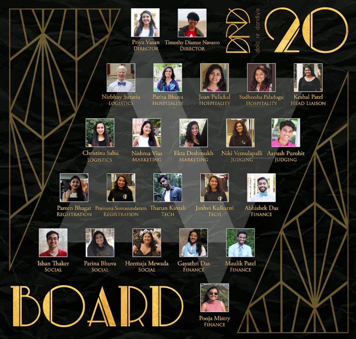 Introducing the Dola Re Dandiya Executive Board for 2019-2020! We all look forward to making round 3 the best one yet, and we can’t wait to ring in the roaring 20's with you all!