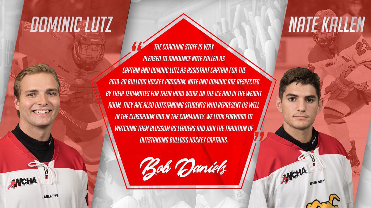 FerrisHockey's tweet photo. Congratulations to @nate_kallen and @dom_lutz who have earned Captain and Alternate Captain honors respectively for the 2019-20 season! https://t.co/3Kj1UlNosb