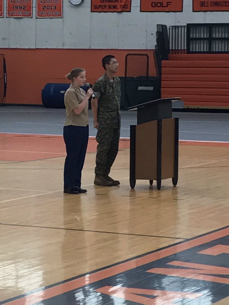 BeverlyMCjrotc's tweet photo. Cadet Dabria Allardice singing the National Anthem for @Beverly_High Memorial Day Assembly! #bebestbeverly https://t.co/9tikX72vIx