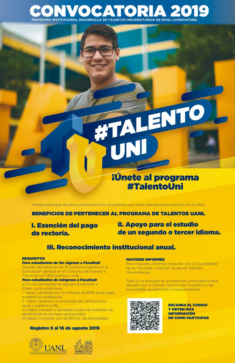 Revisa los requisitos para pertenecer al Programa de Talentos Universitarios.
Registro del 5 al 16 de agosto de 2019 con el Coordinador de Talentos de la FAV.
Aplica para la convocatoria y aprovecha los beneficios del programa.