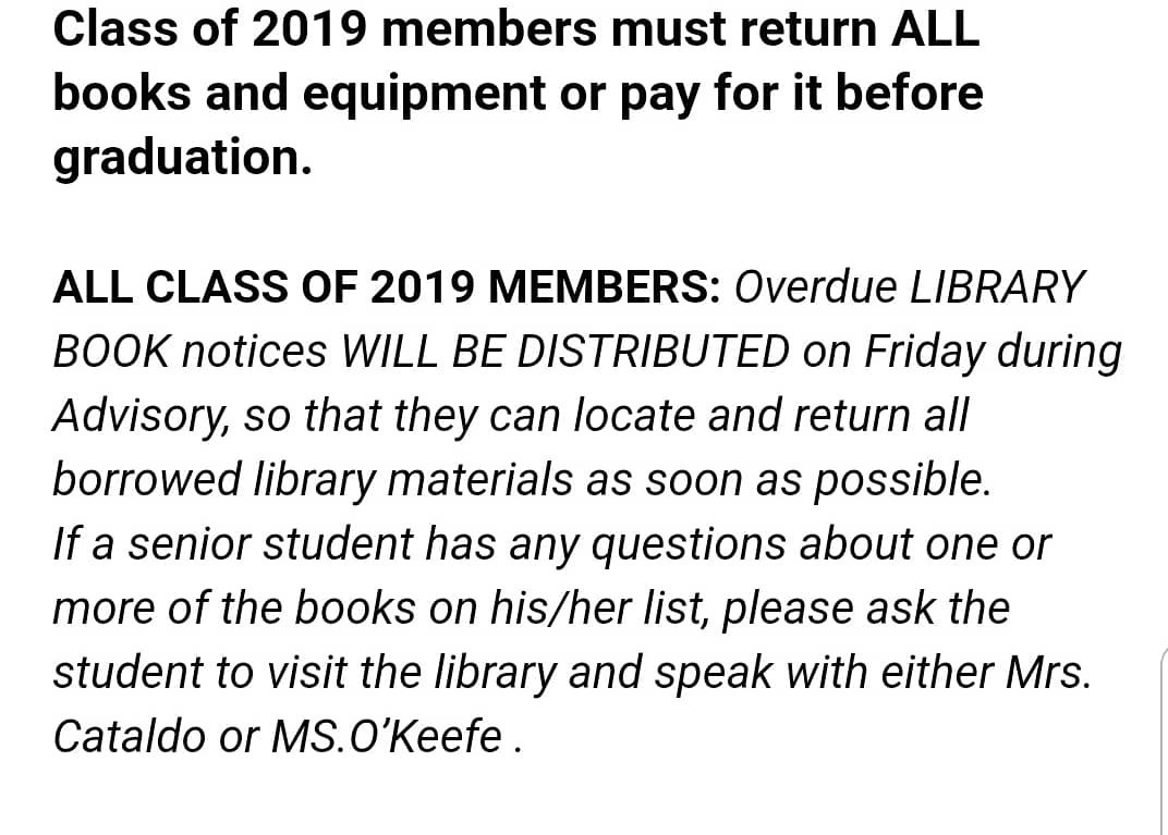 Contreras_Salem's tweet photo. Seniors! Please return all library books. Also, check out all post-finals senior activities. 
#wearesalem https://t.co/3I5byjdLPk