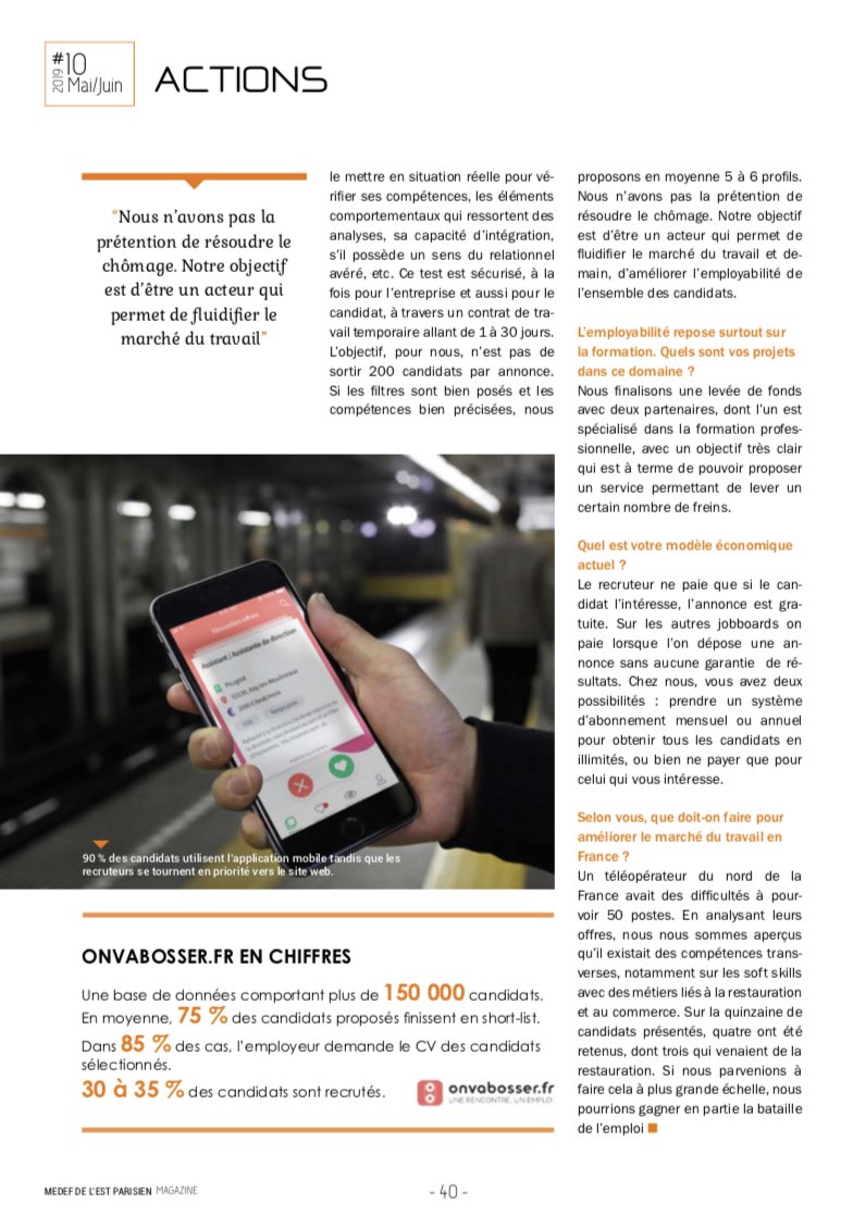 <a href="/juliennowaczyk/">Julien Nowaczyk</a> CEO d’<a href="/onvabosser/">Onvabosser.fr</a> nous parle #recrutement, #employabilite, #compétences comportementales ou encore marché du #travail dans cet article du <a href="/medef/">Mouvement des Entreprises de France</a> de l’Est parisien magazine ! 

Et vous, Onvabosser.fr ça vous inspire quoi?