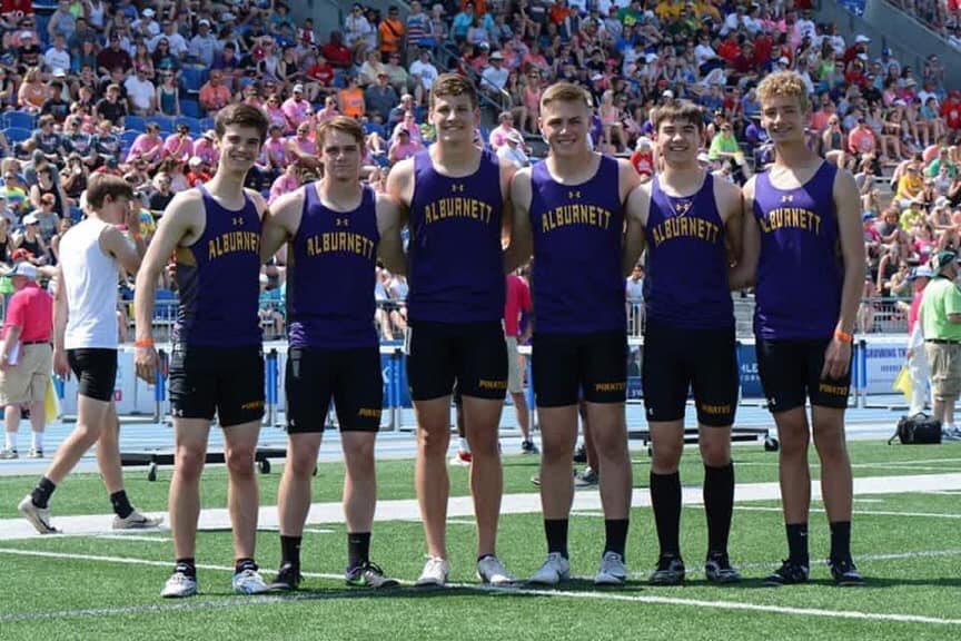 Just learned a school record was broken at State!!!  Shuttle Hurdle team of <a href="/Matt_Barnett_24/">Matt Barnett</a> <a href="/2019Krose/">Keenan R</a> @Cycloneman6 <a href="/JohnathonW2020/">John Waskow</a> <a href="/Nolanozzy10/">Nolan</a>  Luke N.  Congrats!!! 💜💛💜 <a href="/AlburnettCSD/">Joan</a>