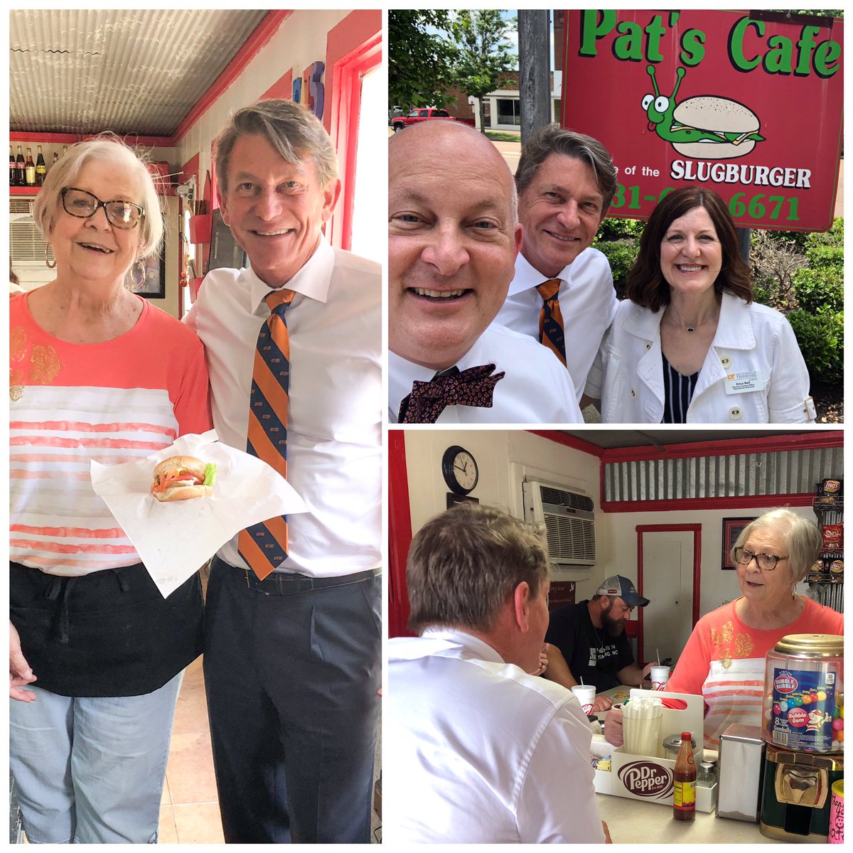 UT_President's tweet photo. No trip to Selmer is complete without a stop at Pat’s Cafe to see Ms. Pat and get a famous Slugburger! 
It’s a West TN staple, deep-fried to perfection! https://t.co/BwDwjdaL1s