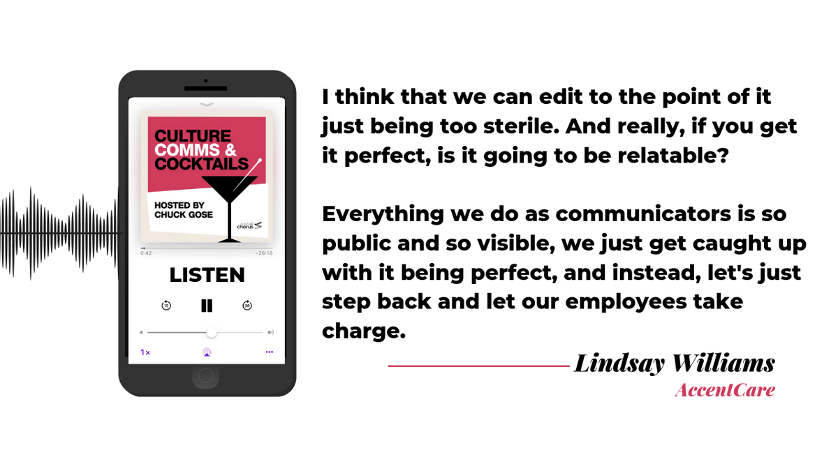 chuckgose's tweet photo. Love this quote from Lindsay Williams, a recent guest on Culture, Comms &amp; Cocktails. Communicators focus too much on perfection. Listen to the rest wherever you get podcasts or here: https://t.co/BdikJTq7Uh #internalcomms https://t.co/OmxOvpvamJ