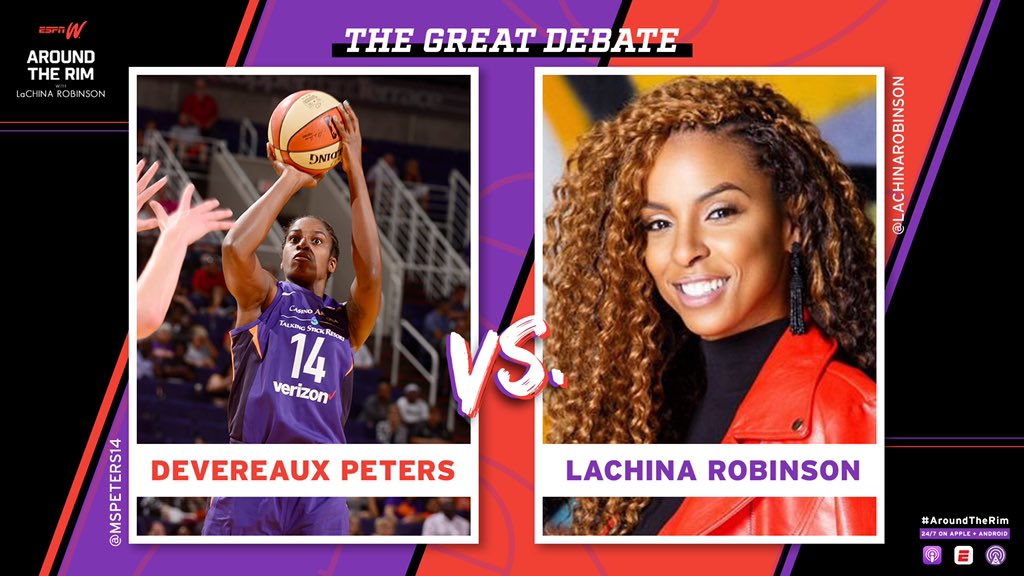 AroundTheRim's tweet photo. The @WNBA is back and so are we with a new #AroundTheRim format!

👉🏽 The Great Debate 👈🏽
     @LaChinaRobinson
                   🆚
        @MsPeters14

Topics:
🤔 New Commisioner
🤔 Offseason injuries &amp; trades
🤔 Storm-Mercury Preview
🤔 2019 Picks

📲https://t.co/SZFCkYXfhl 🏀 https://t.co/0c7EbvYfDi