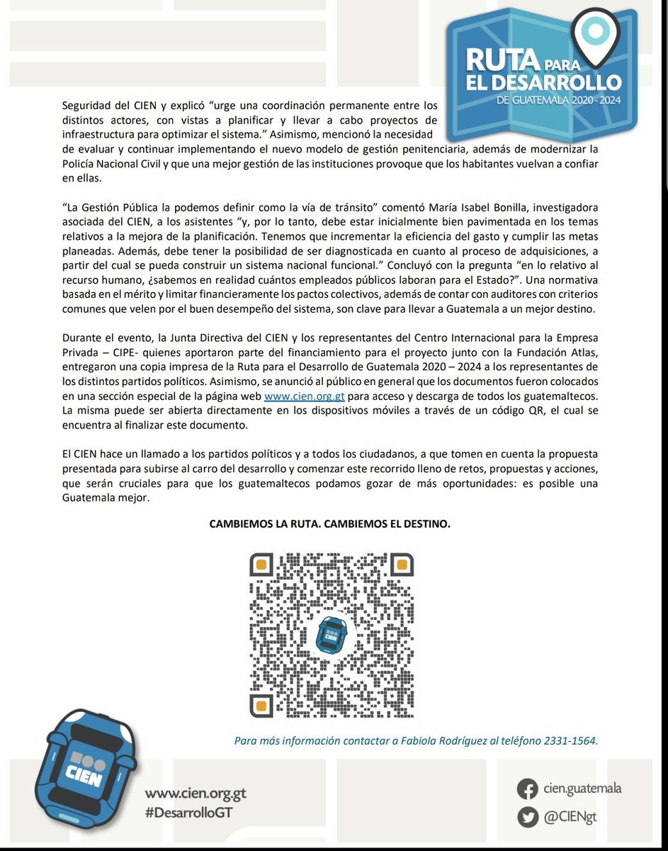 Compartimos nuestro comunicado de prensa de la actividad de presentación final de Ruta para el #DesarrolloGT
<a href="/CIPEglobal/">Center for International Private Enterprise (CIPE)</a> <a href="/AtlasNetwork/">Atlas Network</a>
#Elecciones2019GT