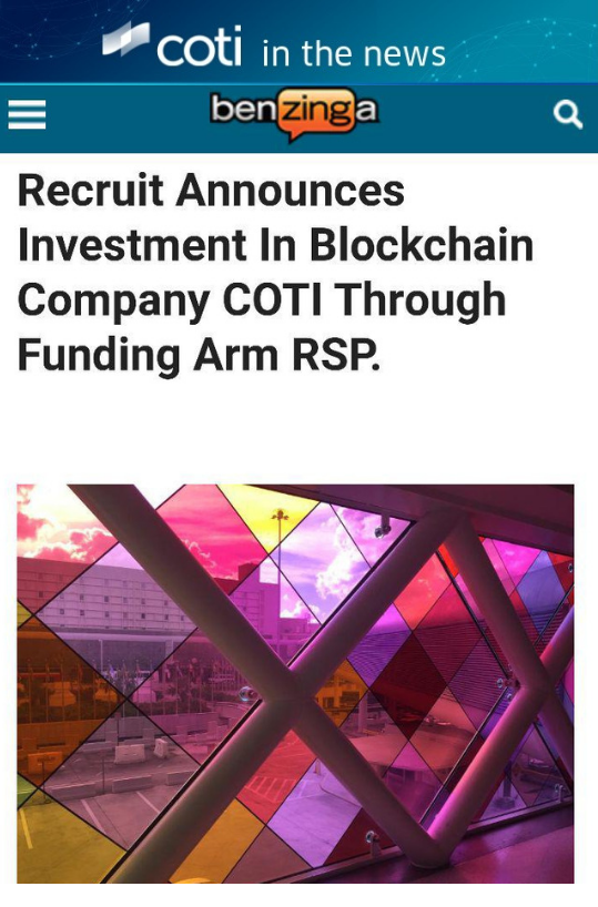 COTInetwork's tweet photo. Recruit announces investment in blockchain company COTI through funding arm RSP. Read the full article https://t.co/0k7hybwxHb https://t.co/uuaTMbo8Xq