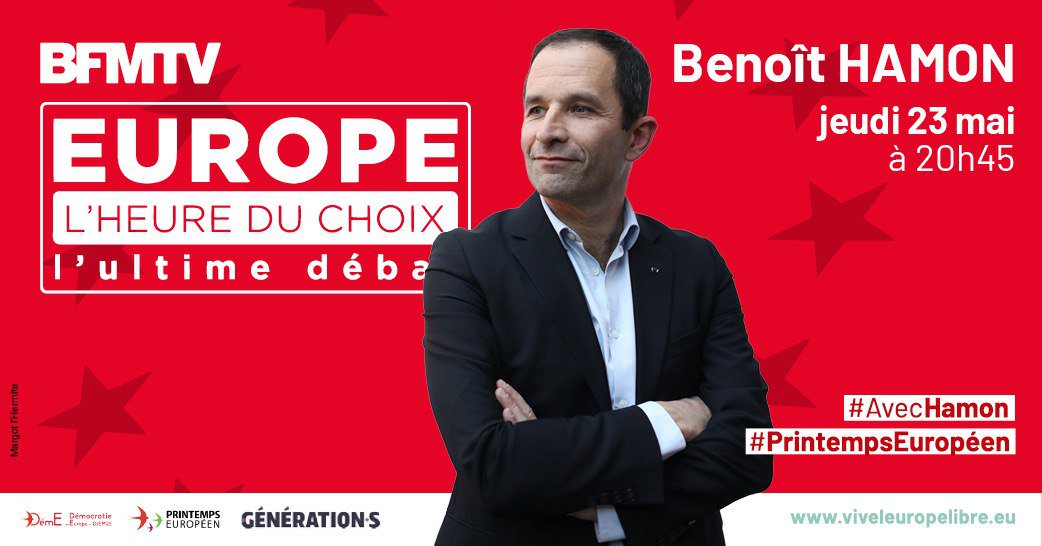 C'EST PARTI : #UltimeDébat des têtes de liste pour les européennes sur #BFM, avec @BenoitHamon. #européennes2019 #Générations #PrintempsEuropéen #ViveLEuropeLibre Thread 👇