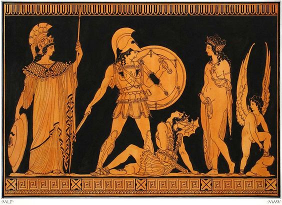 ANCIENT ART. Ancient Greek painting, Achilles and Penthesella on the Plain of Troy, with Athena, Aphrodite and Eros.   #Greece   #art