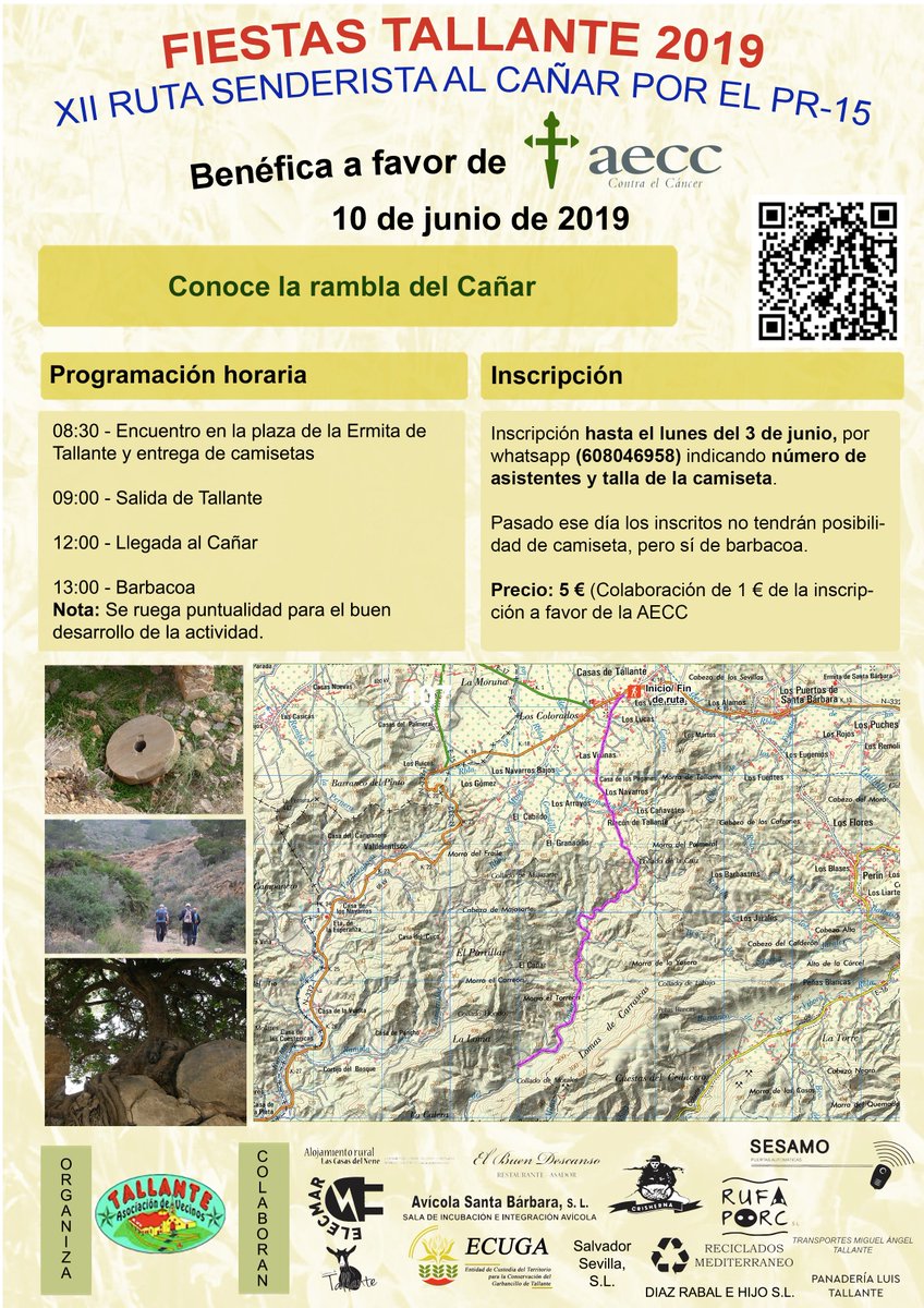 ¿Te apetece hacer Ruta Senderista Tallante al Cañar por el PR-15? Tienes cita el lunes 10 de junio de 2019, festivo en Región de Murcia. 

¡Inscríbete ya! Envía un WhatsApp al 608046958, indicando las personas inscribir y la talla de la camiseta.

¡P'alante con Tallante!
